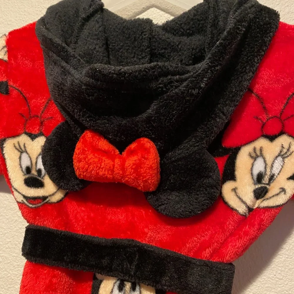 Disney Minnie Mouse Fleece Robe Youth Size‎ 4/5 - Soft Plush Hooded Bathrobe